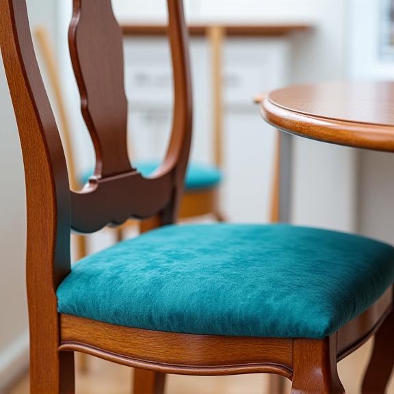 The restored dining chair with polished wood and a new, plush upholstered seat.